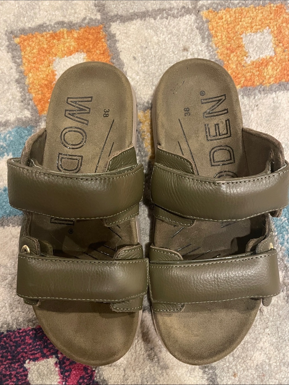 Woden Olive Green Leather Double-Strap Sandals for Women size 38